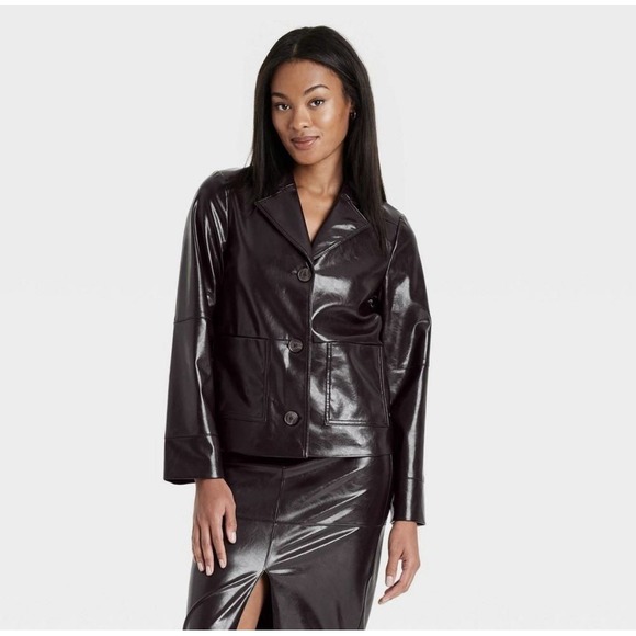 a new day Jackets & Blazers - A New Day Women's Faux Brown Leather Jacket Button Front Fully Lined Size M